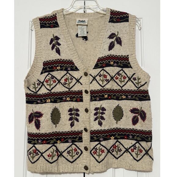 Vintage Northern Reflections Beige Fair Isle Leaf Pattern Sweater Vest, Size L - Picture 1 of 4